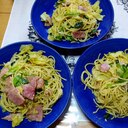 ベーコンとキャベツ小松菜のバジルソースパスタ